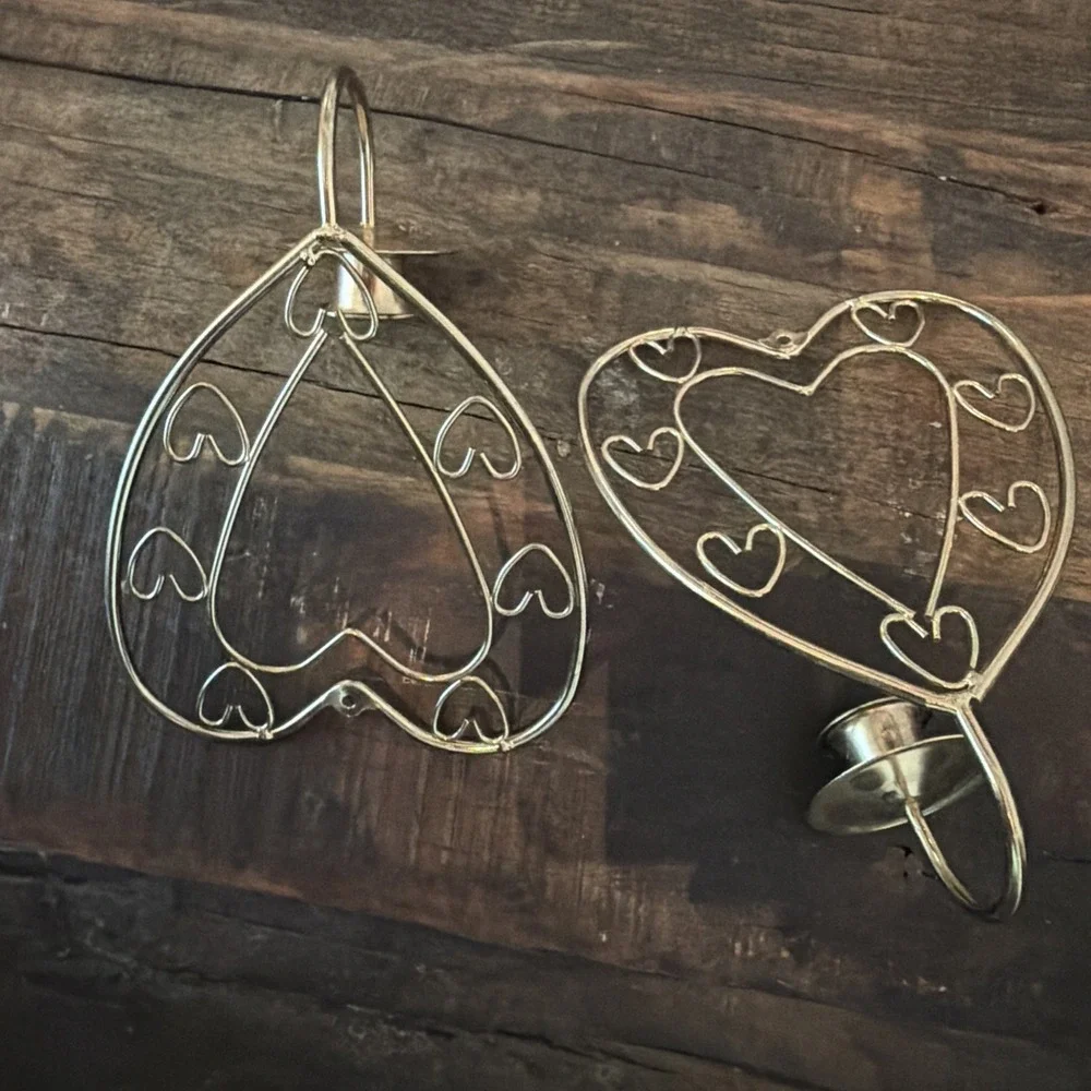 Vintage brass toned Heart-Shaped Wall-Mount Candle Holders Pair sconces retro